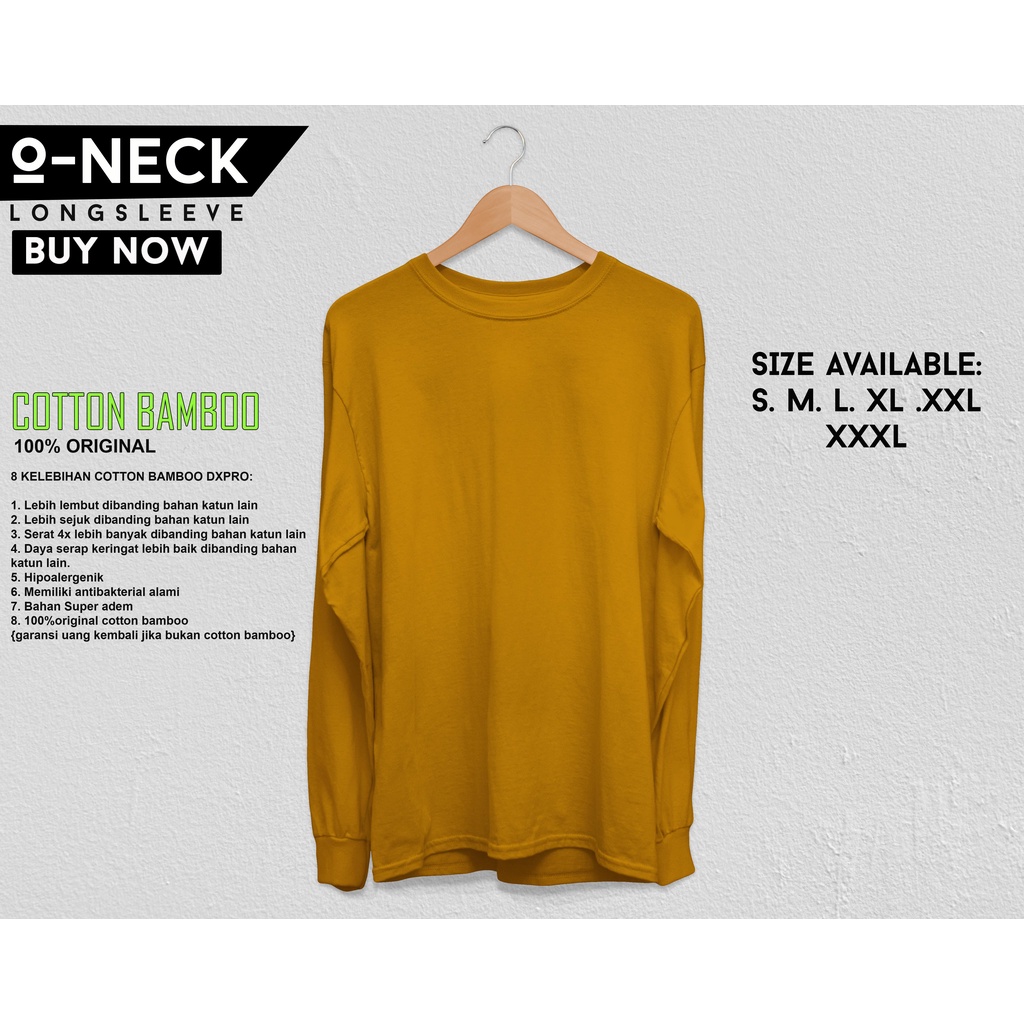 Kaos Polos KUNING Katun Bambu Lengan Panjang (Bamboo T-Shirt Long Sleeve) CEWE COWOK ADA RIB