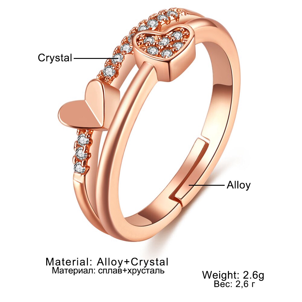 Cincin Wanita Model Terbuka Desain Hati Ganda Hias Kristal Untuk Hadiah