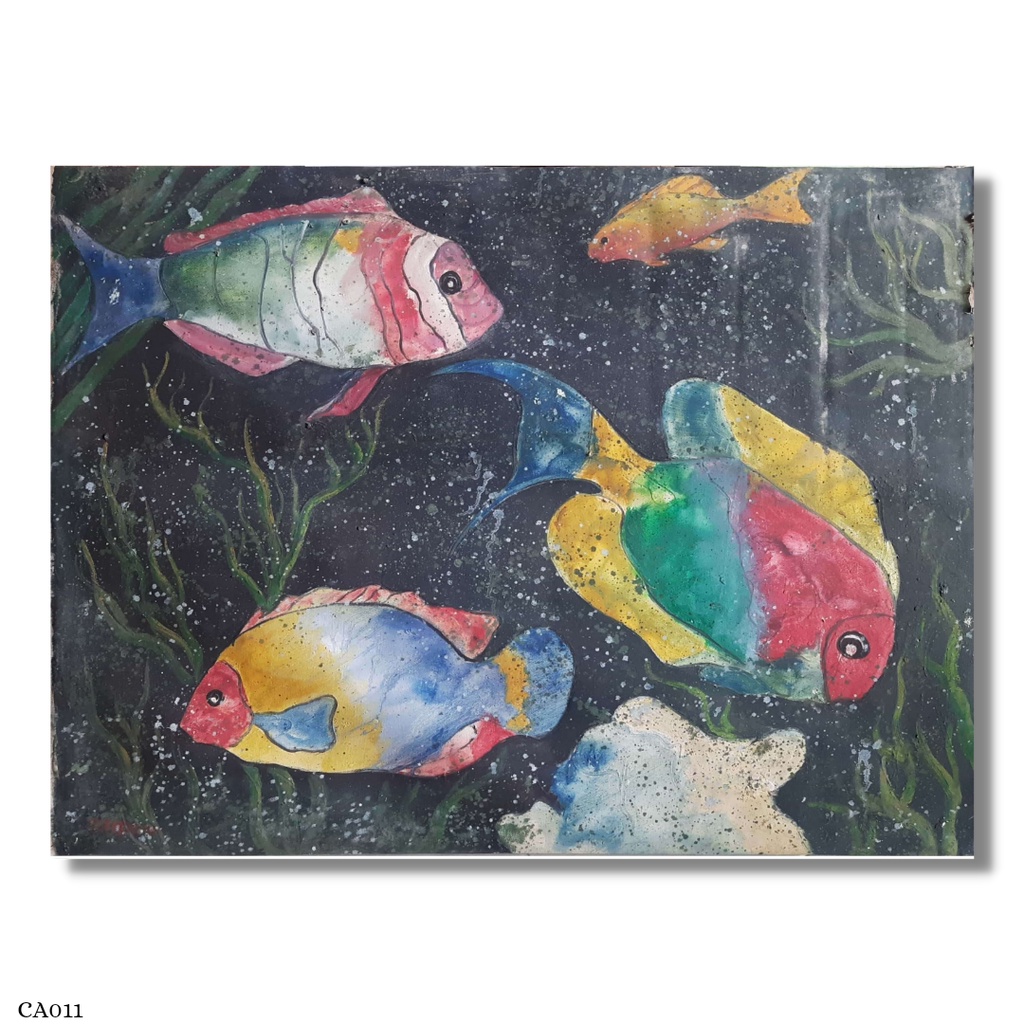 Lukisan Kanvas Cat Minyak Ikan Tahun 2000 Ukuran 80 x 60 cm