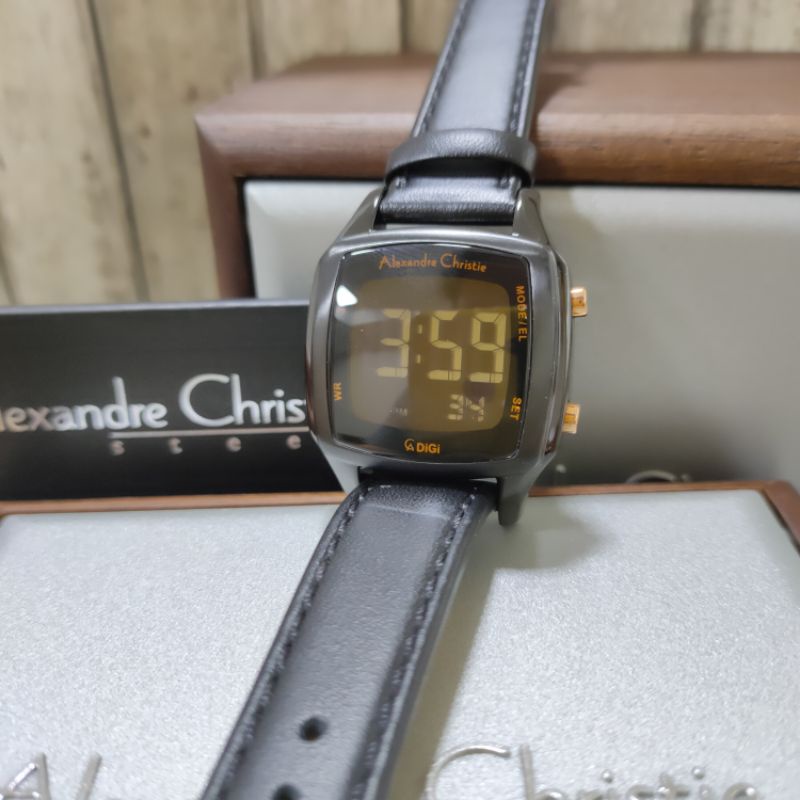 Jam Alexandre Christie AC 9355 LH LIP Wanita Kulit Hitam Rosegold Segi Digital