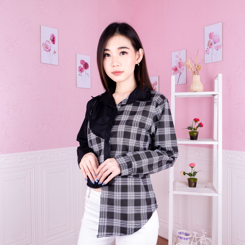 Evolet Kemeja l Atasan Baju Arbera Mix Flanel Fashion Remaja Wanita Terlaris