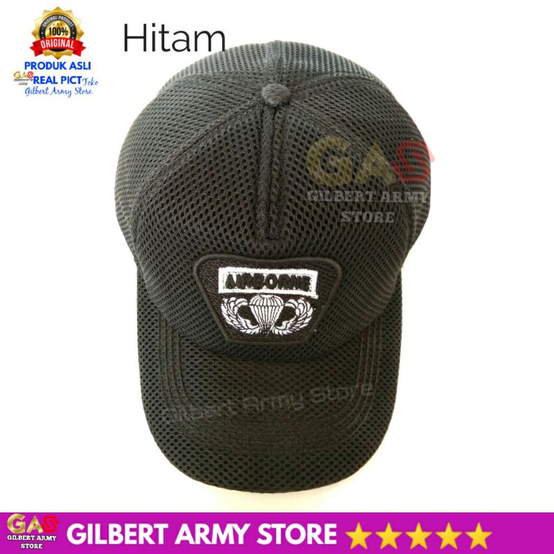 Topi Airborne Jaring Tan Gurun  Hitam Logo Bordir Tni Militer Gilbert Army Store Murah Kualitas Premium Grosir