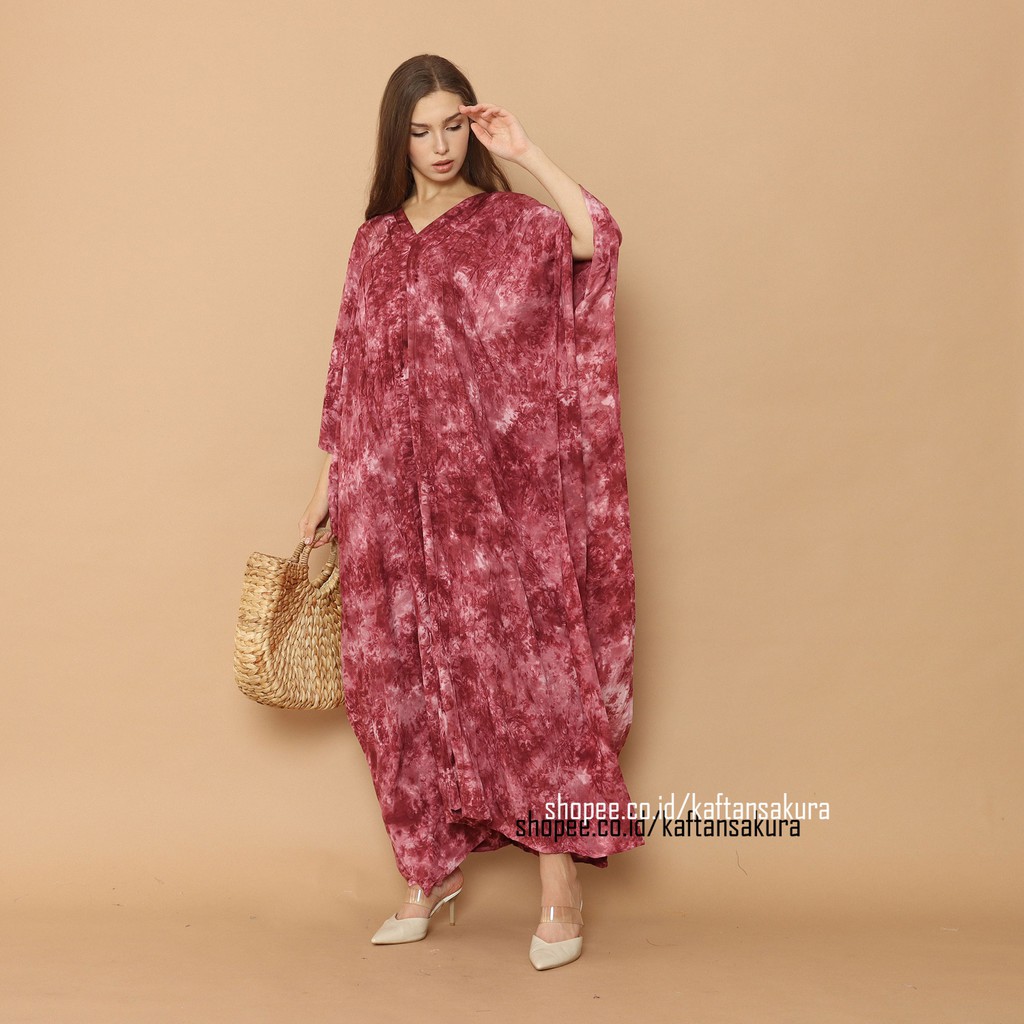 KAFTAN TIE DYE MARBLE TERBARU WARNA MERAH BAHAN RAYON LEMBUT OVERSIZE LEBARAN MURAH 2021