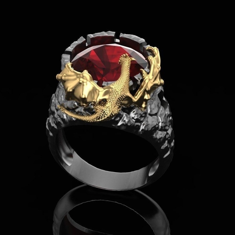 Cincin Desain Naga Ruby Dua Warna Emas Gaya Punk Gothic Rock Untuk Pria