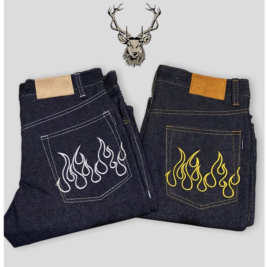 Raw Denim 16 Oz Sanforized Motif Api Black Indigo Celana Panjang Pria Jeans