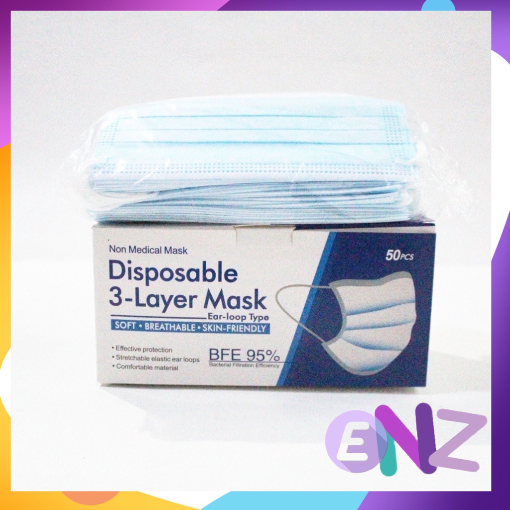 ENZ ® Masker Medis 3Ply Warna Biru Hitam Putih 3 Ply Earloop Mask Kemenkes 1005