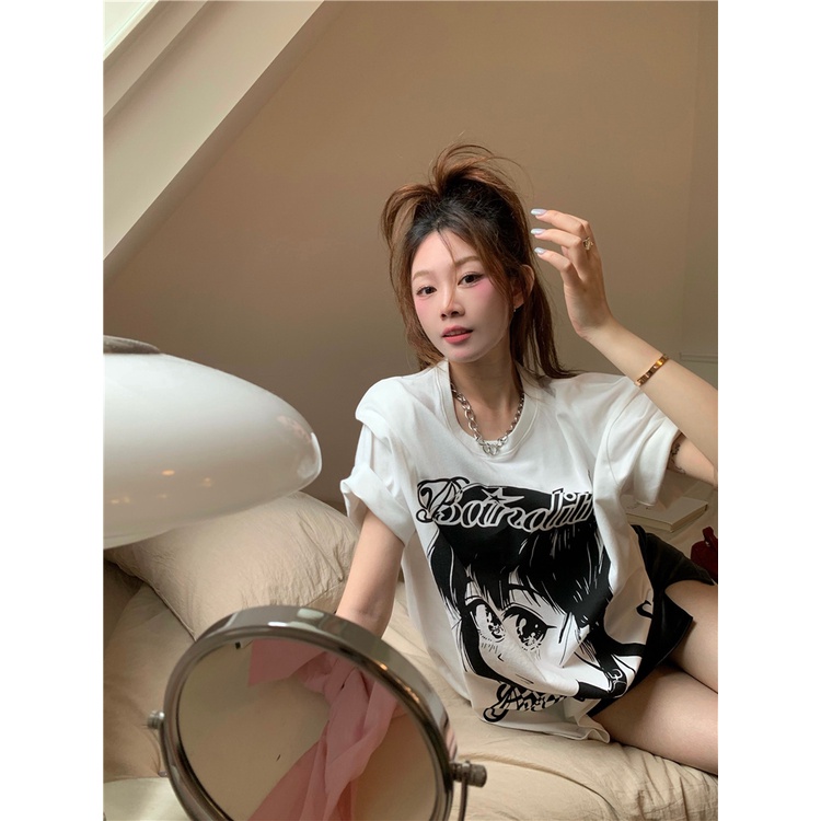 Jepang komik cetak lengan pendek bottoming kemeja wanita musim panas longgar kasual putih T-shirt to