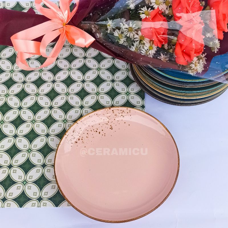 PIRING MAKAN KERAMIK MURAH / SALAD PLATE RUSTIC ukuran 21cm-Pink