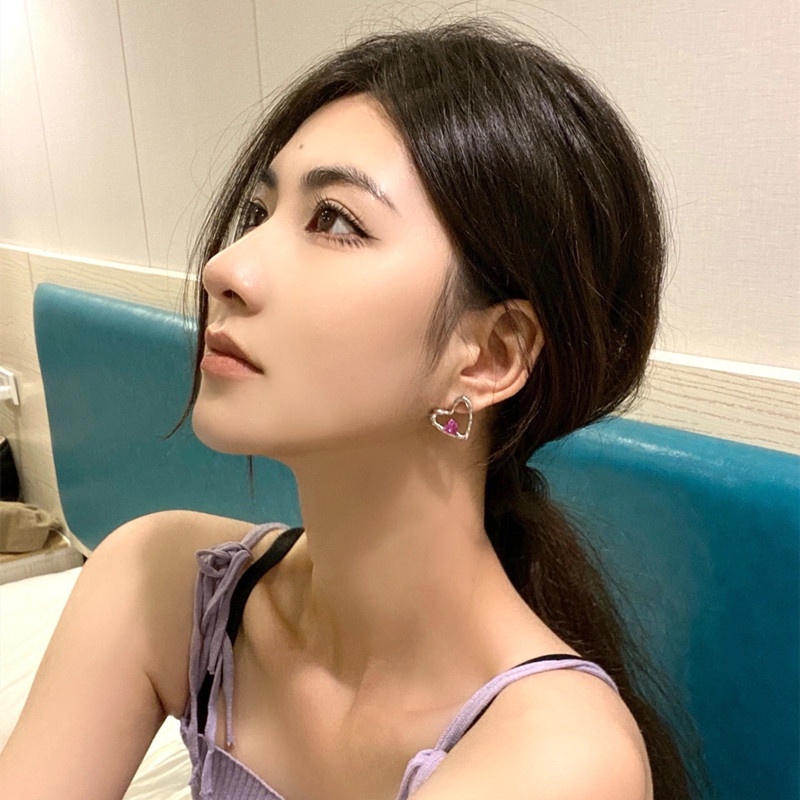 Anting Stud Kristal Zircon Bentuk Hati Ganda Warna Pink Untuk Wanita