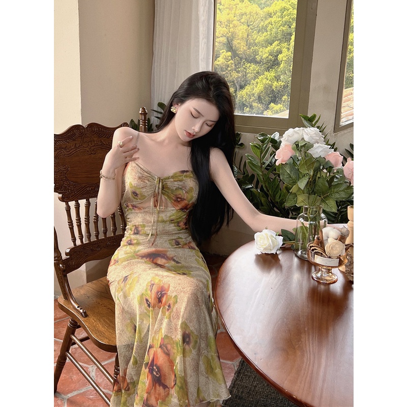 Mini Dress Floral Chiffon Suspender Gaun Wanita Bahasa Perancis High-End Temperamen Peri Rok Musim P