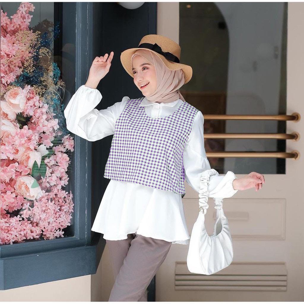 YUZU BLOUSE KATUN KOTAK KOMBINASI TWISCONE/BAJU KEKINIAN/TANK TOP HIJAB KEKINIAN