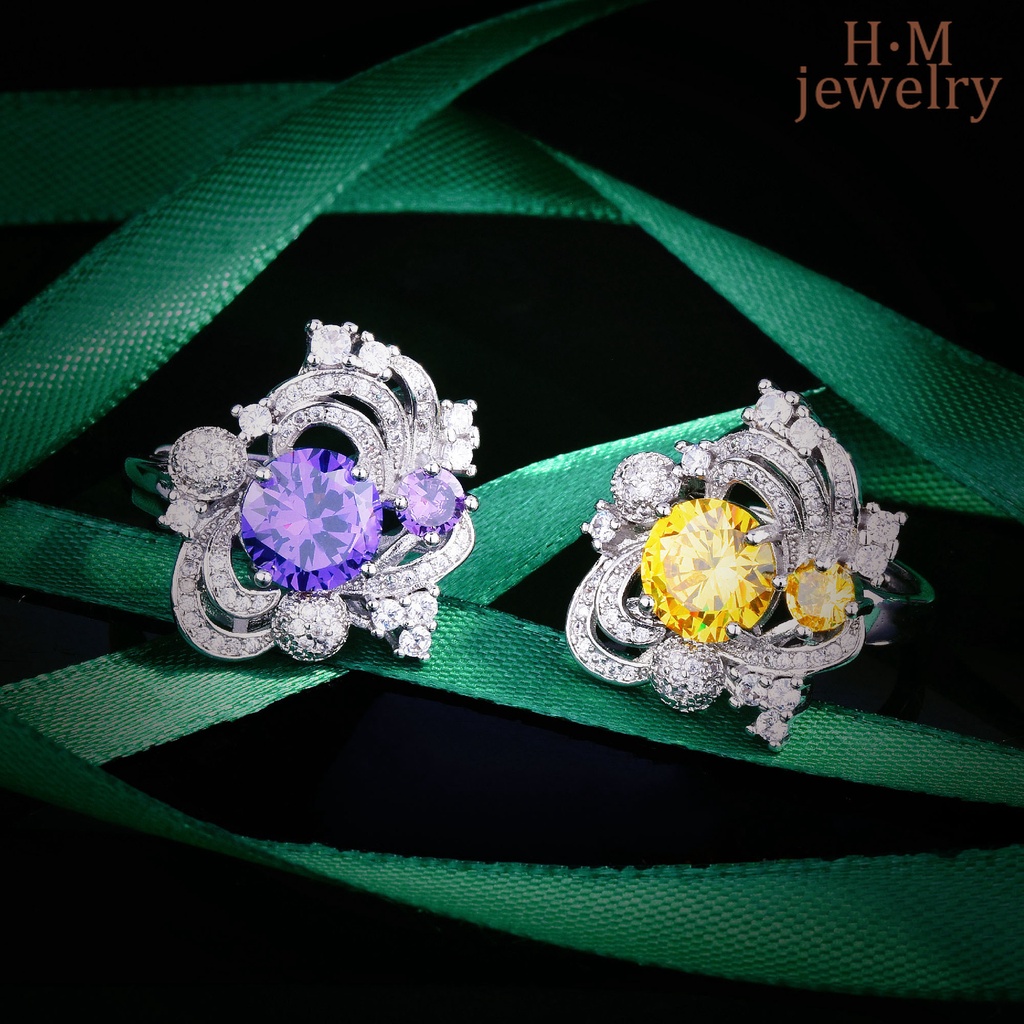 Cincin Berlian Amethyst Ascut Warna Kuning Model Terbuka