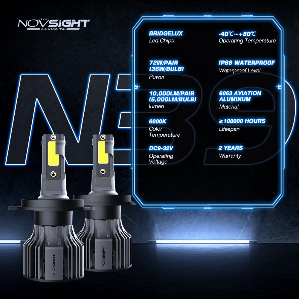 NOVSIGHT N39 Headlight Bulbs LED Super Bright Fog Light 72W 10000LM 6000K H4/H7/H11/H1/9005 2Pcs 3 Years Warranty