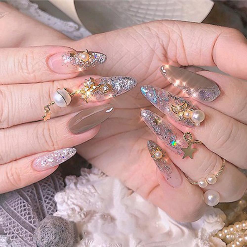 AUGUSTINA Augustina Nail Art Zircon Wanita Terbaru Mutiara 3D Alloy Butterfly Ring Liontin Rantai DIY Dekorasi Nail Art