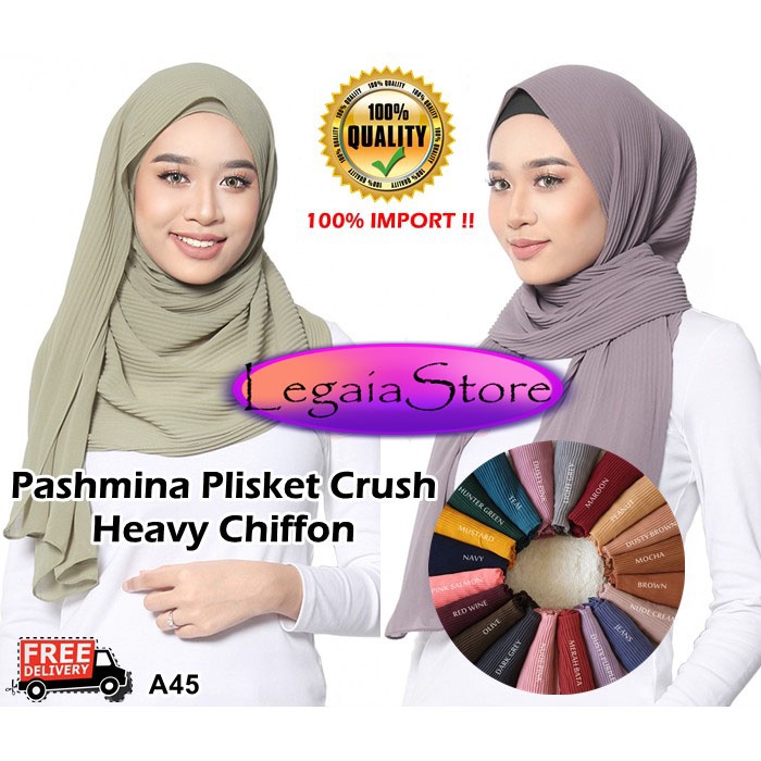 Pashmina Plisket crush bubble chiffon malaysia shawl A45 beverra hijab heavy chiffon pleated Premium