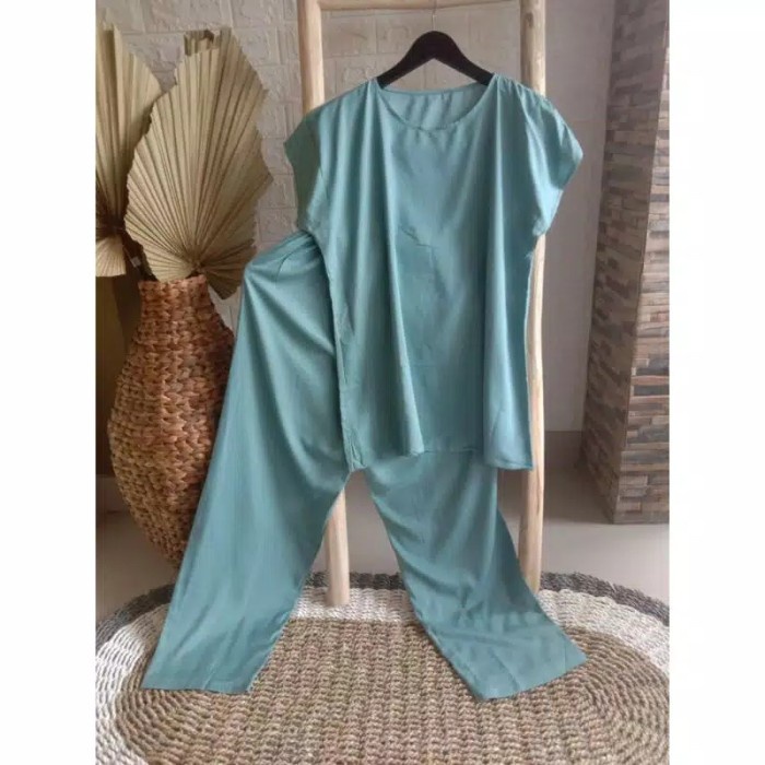 OUTFIT DAILY / PAJAMAS POLOS / SET CELANA TANGAN PENDEK / PAJAMAS RAYON POLOS / SETCE - BIRU WARDAH