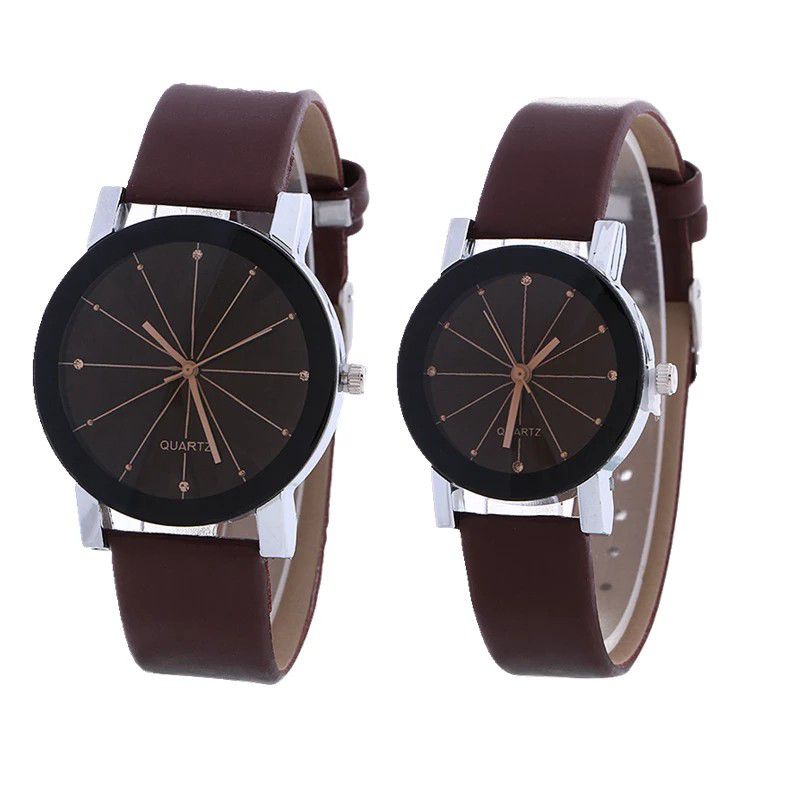 Jam Tangan Couple Quartz Kulit Pasangan Pria Wanita Putih dan Hitam Polos