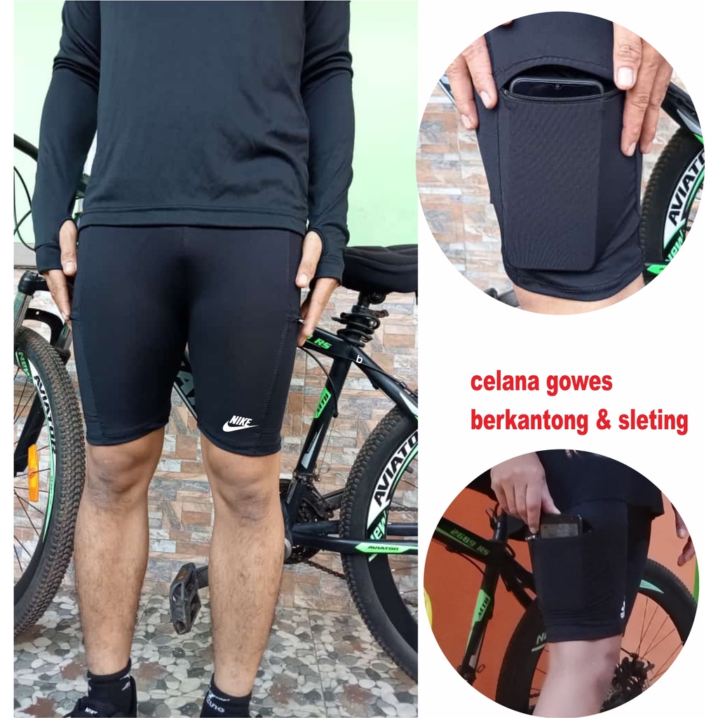 celana olah raga sepeda gowes diatas lutut memakai saku kanan dan kiri dilengkapi resleting