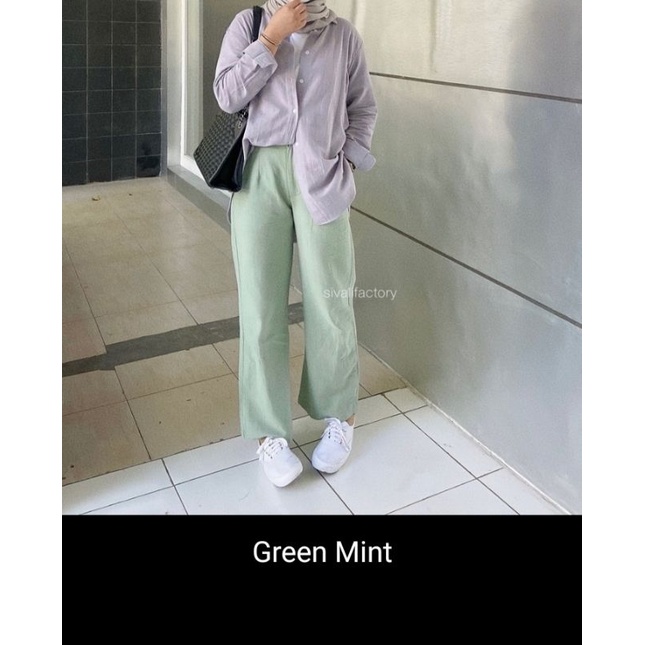 Melyssa Kulot - Celana Kulot - Vintage - Linen Crinkle Highwaist- Cullote Pants | Wide Leg Cullotes | Celana Kulot Wanita-Grenn Mint