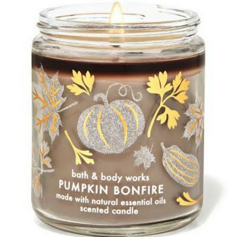 BATH &amp; BODY WORKS BBW PUMPKIN BONFIRE MADE WITH ESSENTIAL OILS WHITE BARN 1 SINGLE WICK SCENTED CANDLE 198 G PENGHARUM RUANGAN