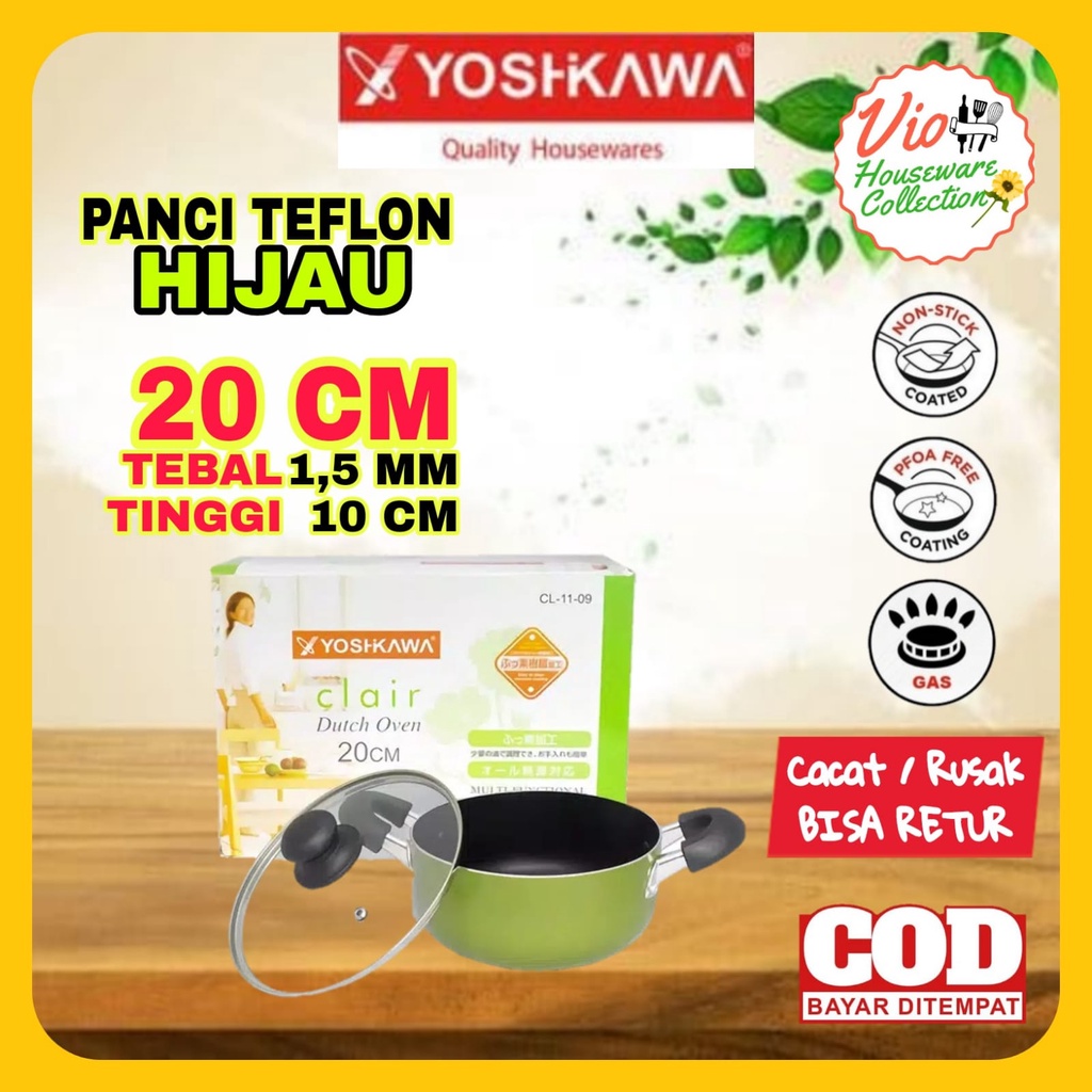 Yoshikawa Panci Teflon Teplon Anti Lengket Tutup Kaca 20cm CL1109 | Panci Masak Mie