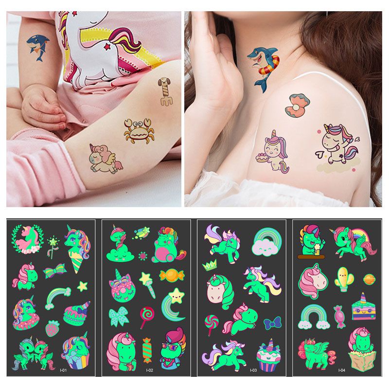 Stiker Tato Temporer Desain Kartun Unicorn Pelangi Luminous Tahan Air Untuk Pesta Anak