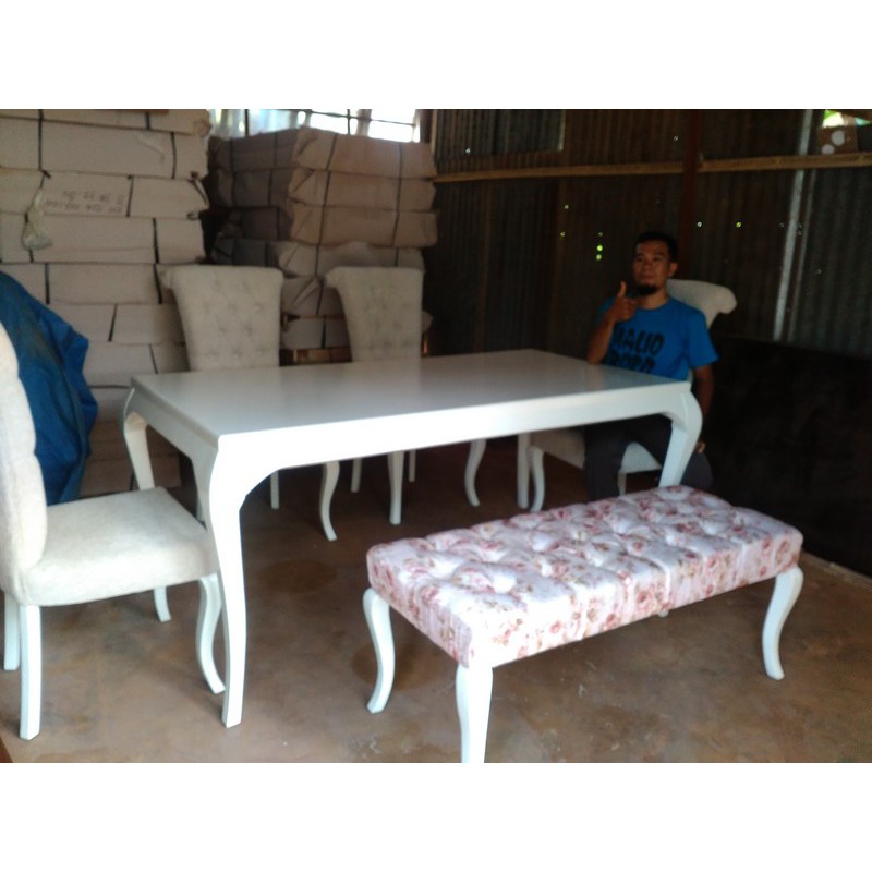 Meja Kursi Makan Jati Shabby duco putih