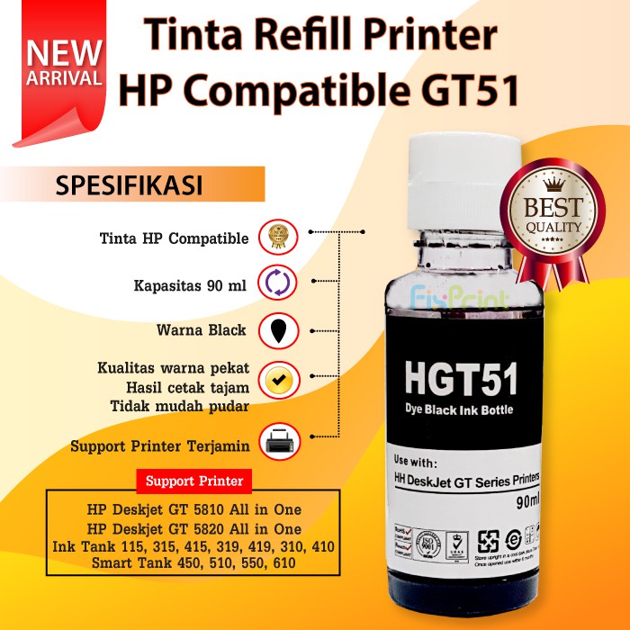 Tinta Refill HP GT51 GT52 GT53 Printer HP DeskJet GT5810 GT5820 315 310 115 410 415 419 All In One