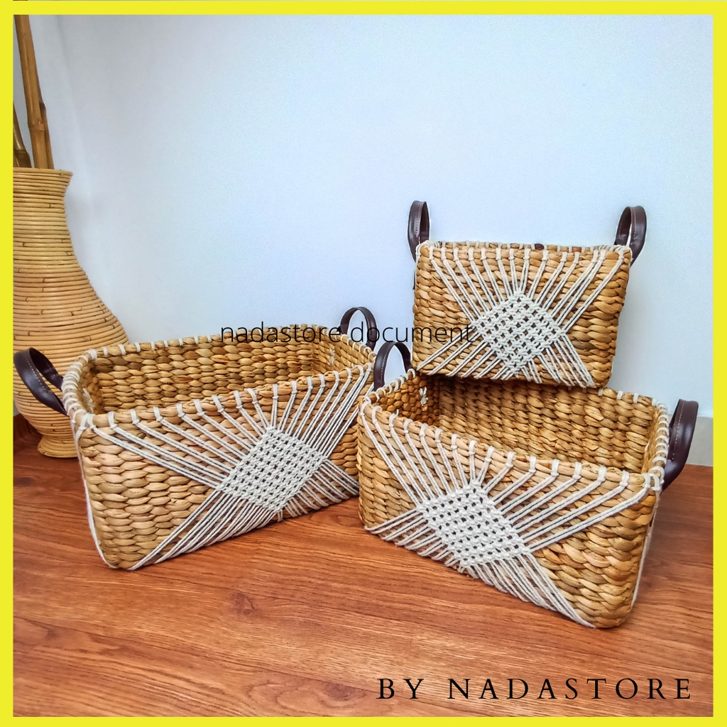 Nadastore  Keranjang Rectangular Rajut Macrame Premium / Basket Enceng Gondok / Tempat Buku / Hamper