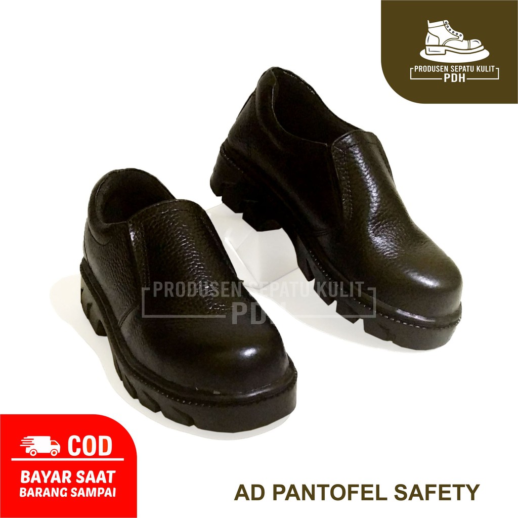 NOTIS - SEPATU SAFETY SLIP ON TALI KULIT SEPATU SAFETY SEFTY SEPTI SELOP SLOP UJUNG BESI PROYEK KITCHEN ANTI SLIP