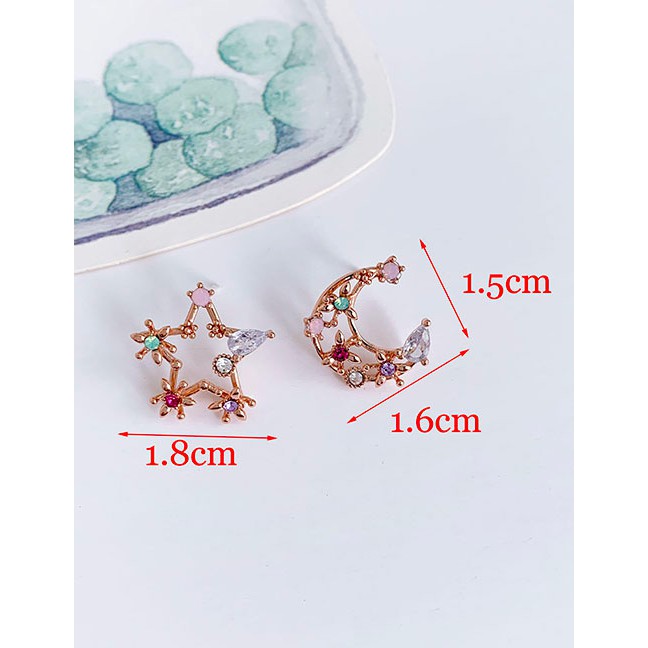 LRC Anting Tusuk Fashion Rose Gold Asymmetric Stud Earrings With Diamonds And Stars D94124