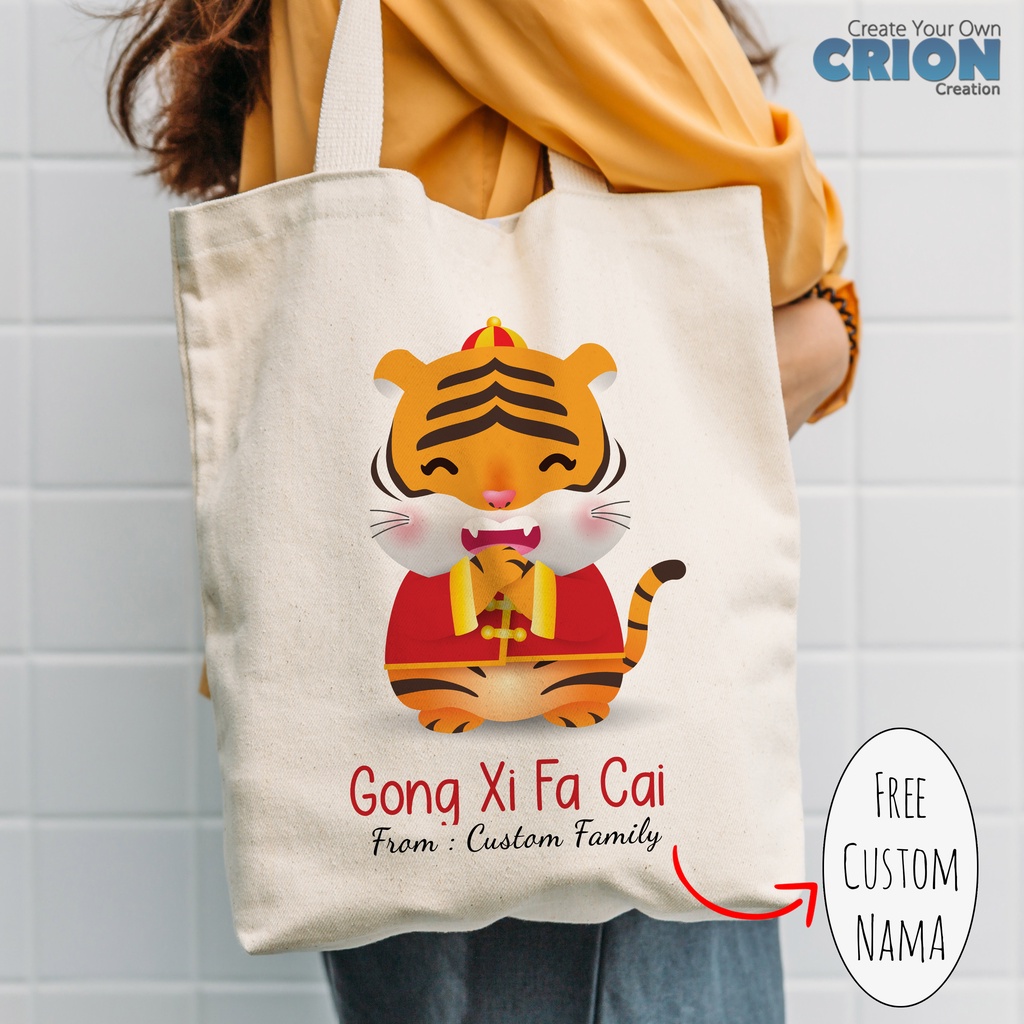 Totebag Imlek Tiger 2022 series blacu Bisa Custom ucapan / nama / kata