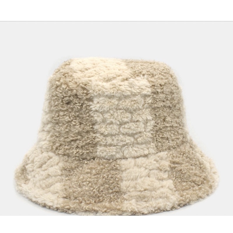 BUCKET HAT BULU DOMBA LAMB WOOL CHECKERED KOREA CREAM KREM COKELAT IMPOR