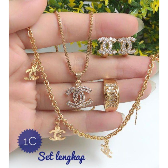 (NOV) Set Perhiasan Lapis Emas Xuping Gelang Kalung Cincin Anting Chanel Permata Gold Mewah Titanium