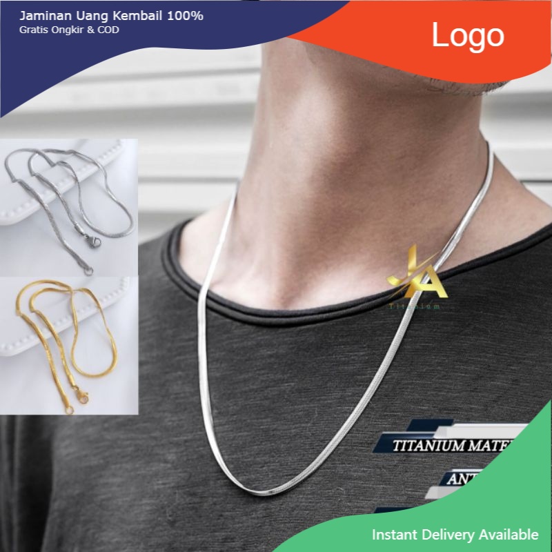 Kalung Titanium Pria Asli Anti Karat Keren Pipih Silver Emas Putih Cowok Cewek Cowo Cewe Laki Laki