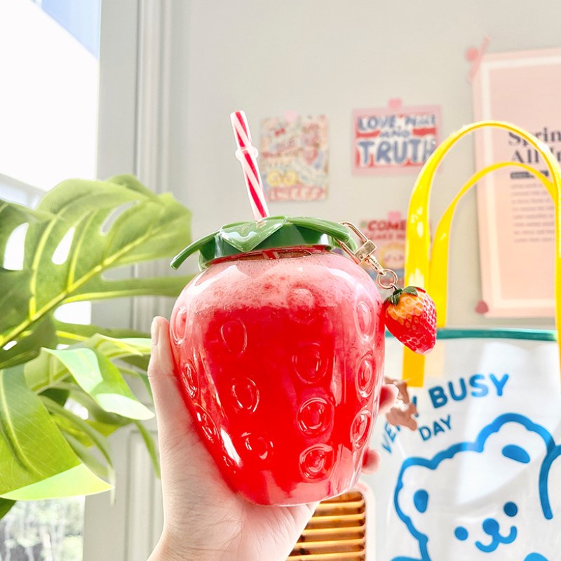 ღ 500Ml Strawberry Straw Cup Gadis Cantik Susu Teh Mug Plastik Botol Air Portabel Kaca Air untuk Pernikahan Musim Semi shower Pesta Ulang Tahun Desktop Dekorasi