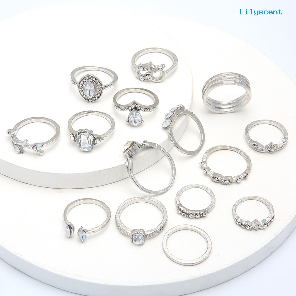 15pcs Cincin Jari Warna Silver Model Hollow Out Untuk Wanita