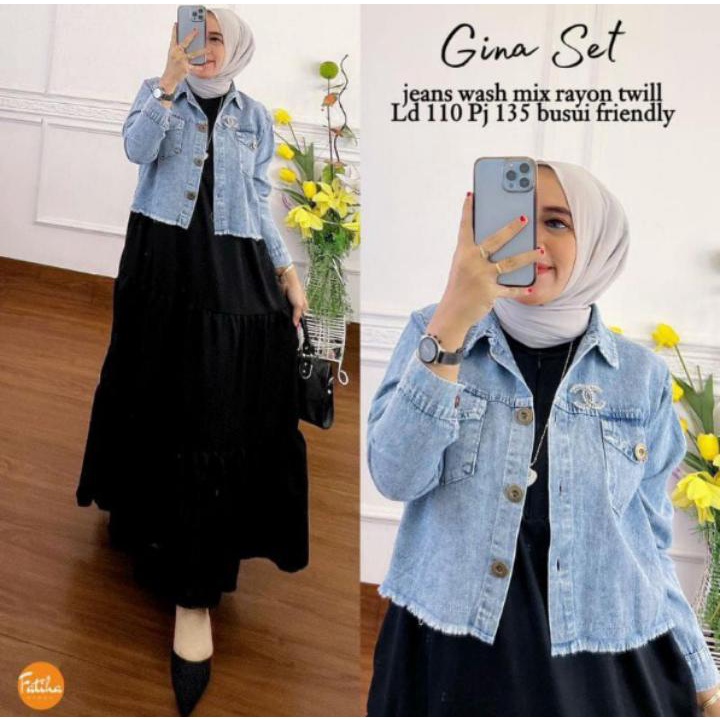 Gina Set 2in1 Jaket Mat Rayon Twill Mix Jaket Jeans Terbaru 2022Kekinian Viral Setelan Gamis Muslim 