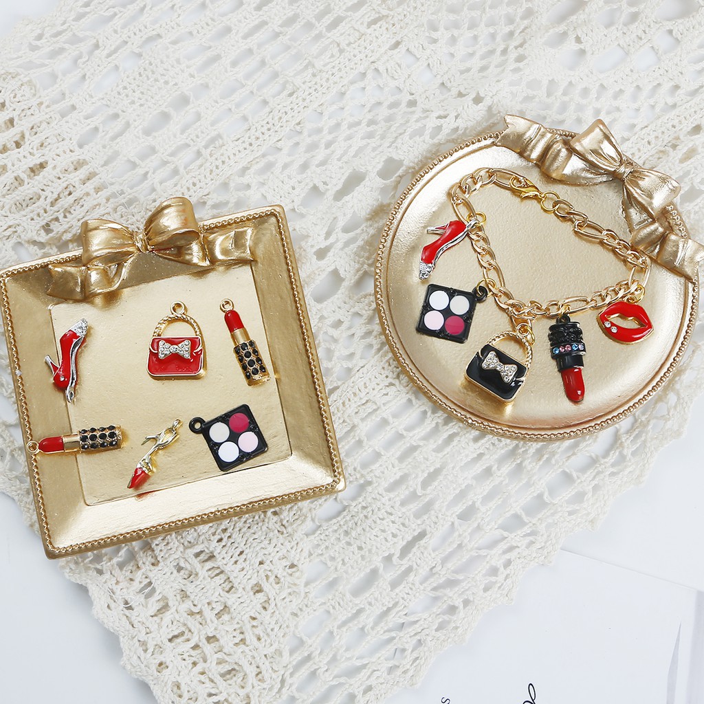 2-4 Pcs Enamel Makeup Charms Mixed Women Lip Lipstick Alloy Gold Tone Necklace Bracelet Jewelry Making Accessory