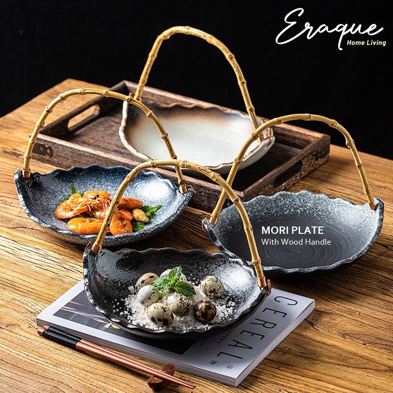 MORI PLATE WOOD HANDLE / PIRING SAJI MAKAN JEPANG KERAMIK RUSTIC DENGAN GAGANG KAYU ROTAN AESTHETIC