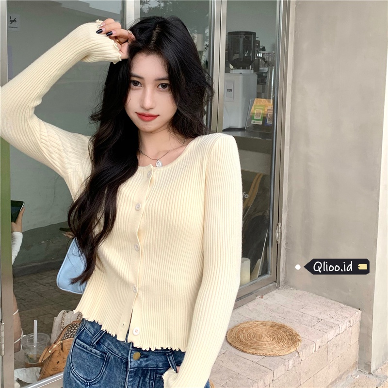 korea warna solid leher bulat kardigan rajut lengan panjang crop top fashion Atasan wanita