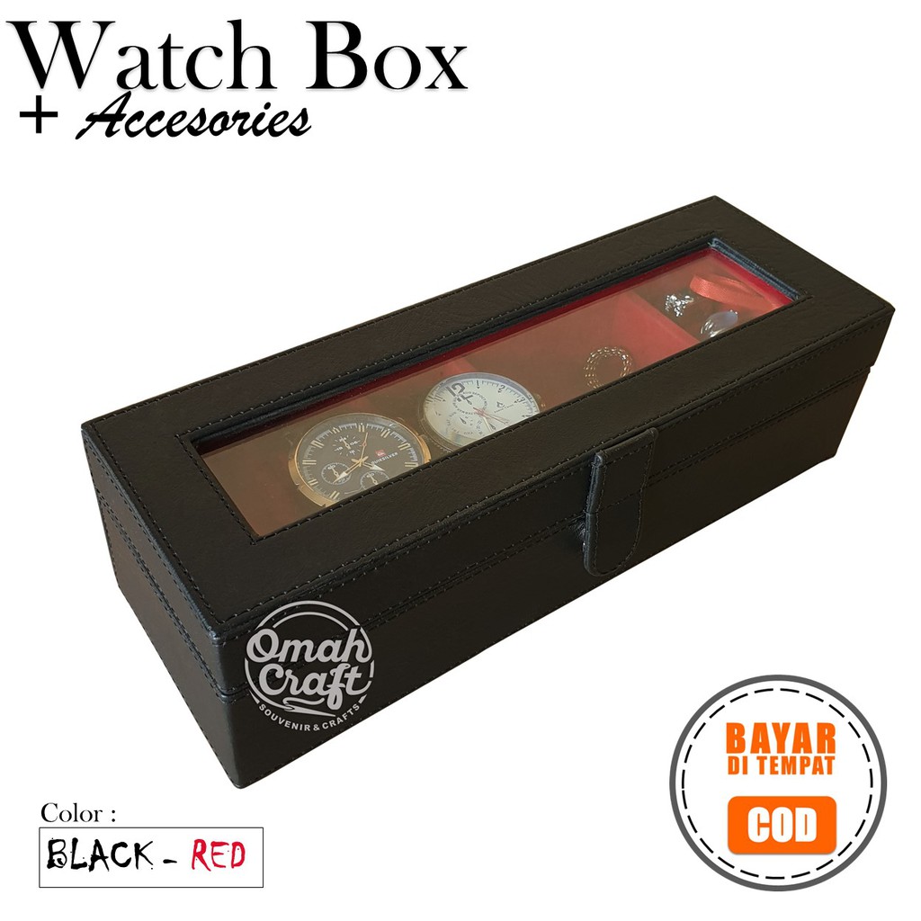 BLACK RED - Tempat Jam Tangan isi 3 Mix Perhiasan Dan Aksesoris / Box Jam Tangan / Kotak Jam Tangan