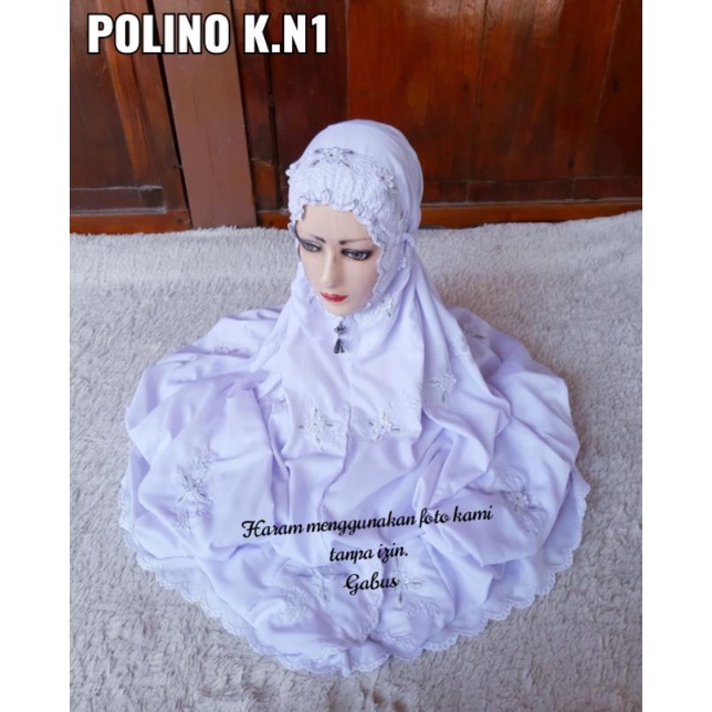Mukena terusan lajuran polino bordir KUDUSAN putih model karet atau kerut wajah motif bunga kecil