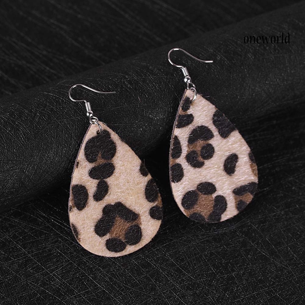 OW# Women Leopard Print Teardrop Dangle Faux Leather Hook Earrings Jewelry Gift