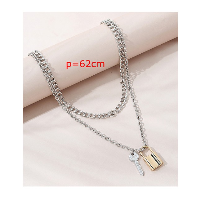 LRC Kalung Fashion Color Mixing Lock Key Contrast Color Alloy Multilayer Necklace Y64708