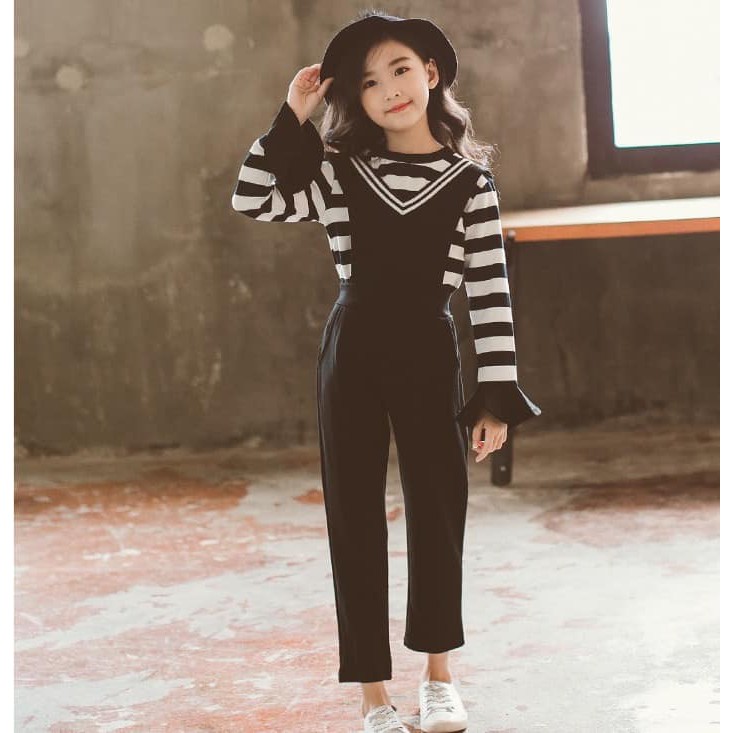 Overall Jumpsuit anak perempuan kaos lengan panjang hitam putih salur