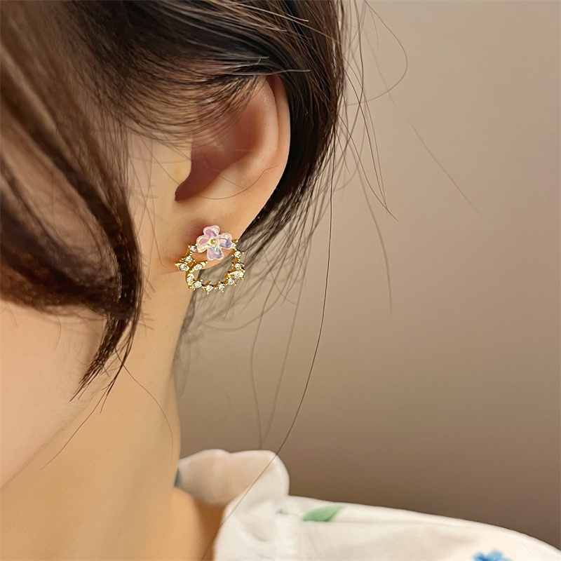 Anting Bunga Warna-Warni Kupu-Kupu Berlian Berkilau Aksesoris Telinga Korea Wanita