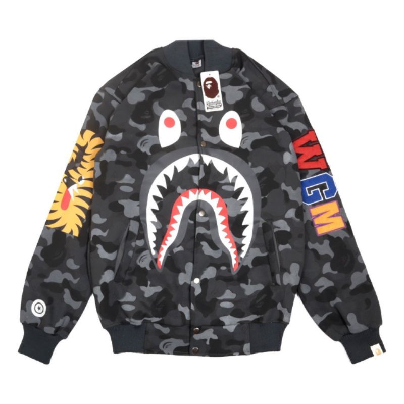 Jaket Varsity Bomber Bape Shark Wgm Camo Full Tag & Label