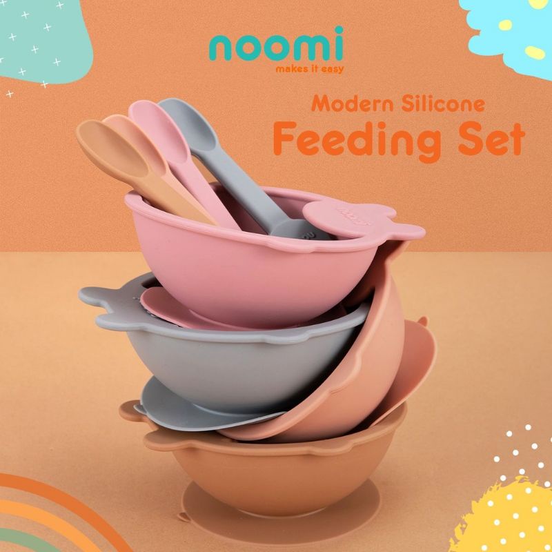 Noomi Feeding Set - Bowl Spoon Bib / Perlengkapan Makan Bayi Silikon 0m+ (Tersedia Varian Warna)