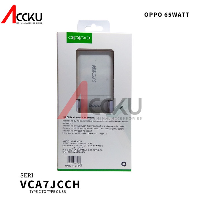 Travel Charger Oppo Reno 6 Pro Cas Charger Oppo 65W  Original Charger Oppo Super Dart VCA7JCCH Oppo USB C to Type C Original 100%
